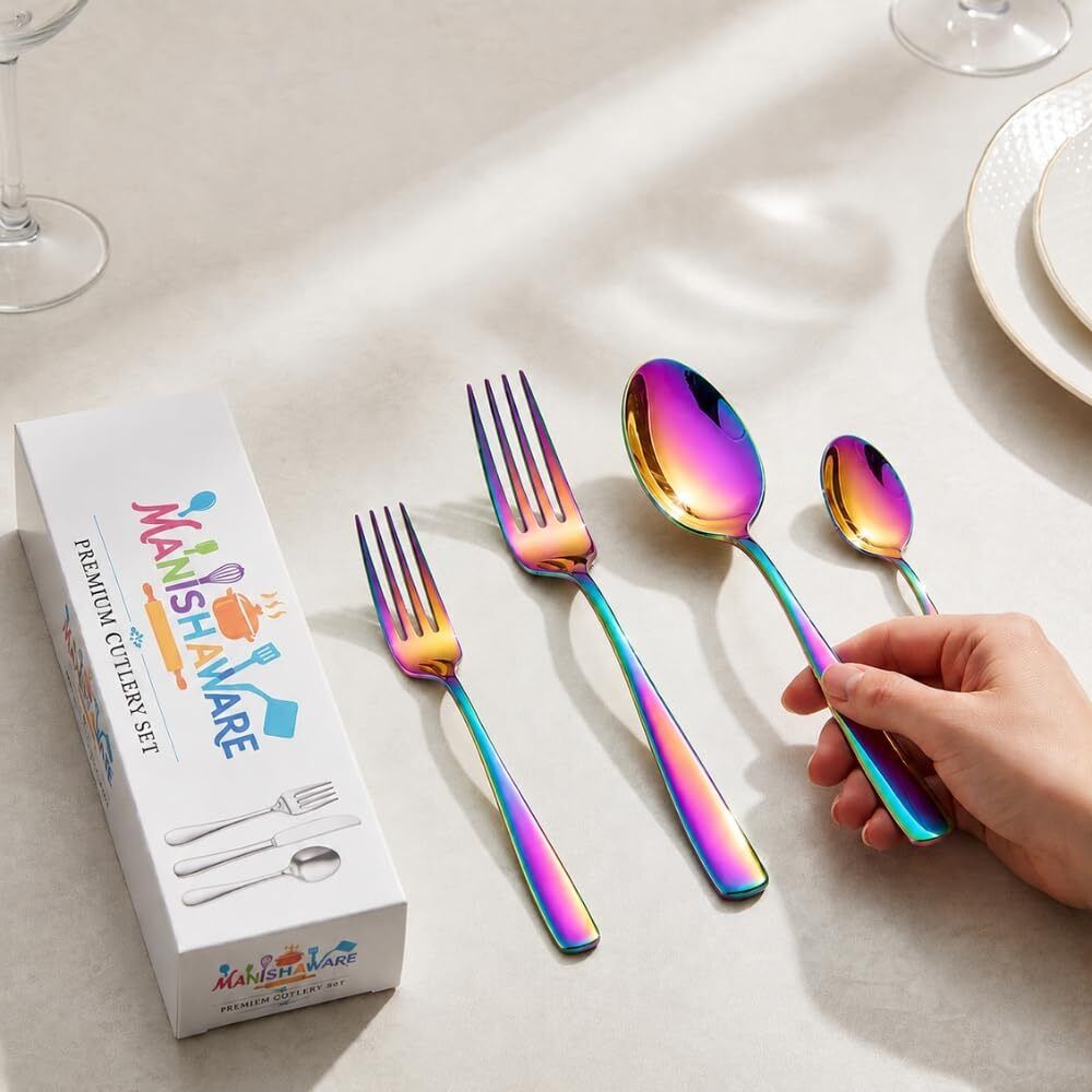 MANISHAWARE Mirror Polish Rainbow 12 Pcs Cutlery Set Stainless Steel Cutlery Set-image-33