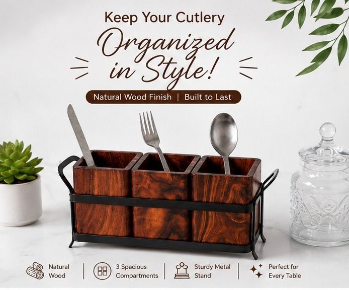 Premium Wooden Table Organizer Wooden Cutlery Set-image-3