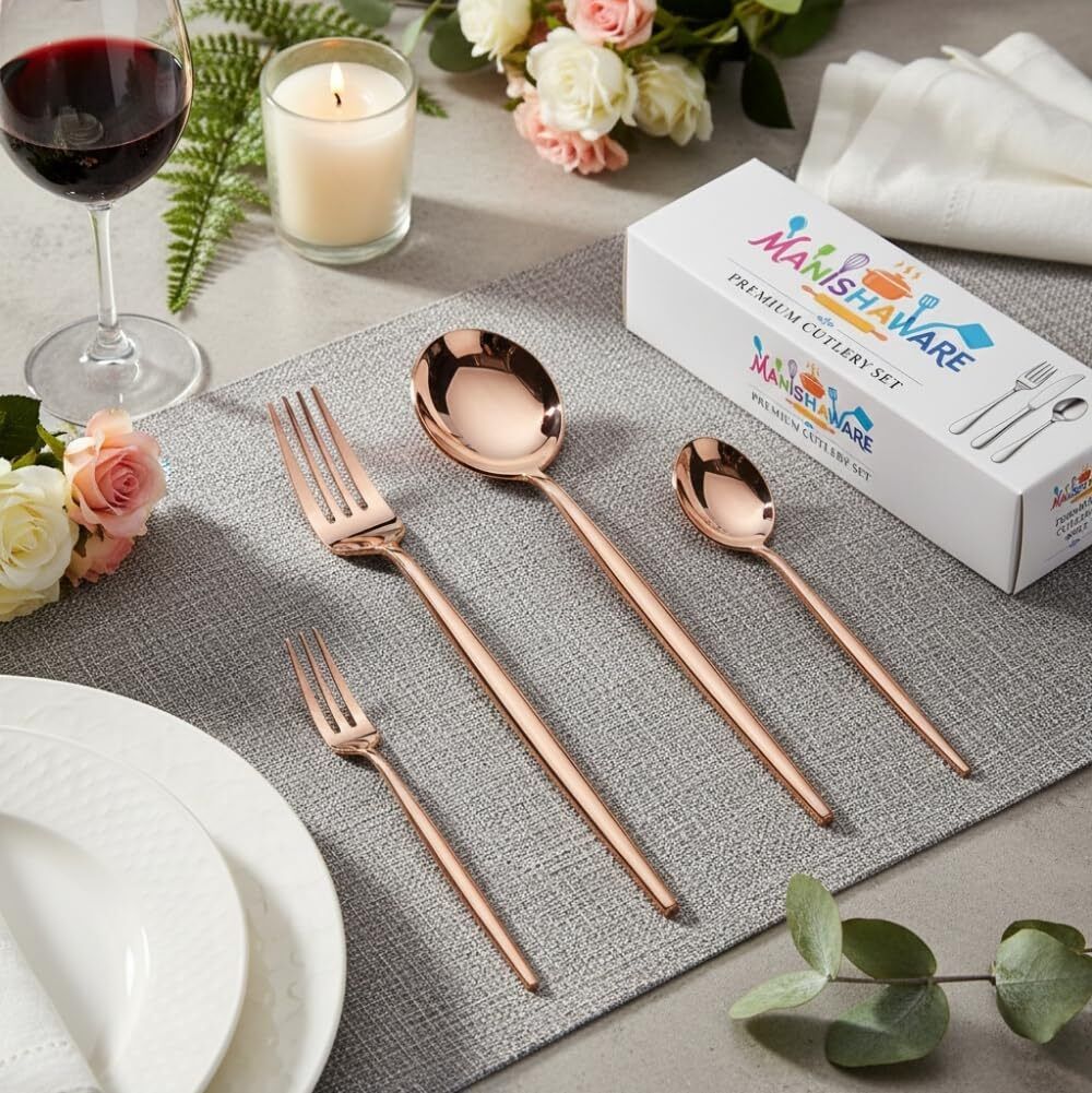 MANISHAWARE Slim Handle Rose Gold 4 Pcs Cutlery Set Stainless Steel Cutlery Set-image-30