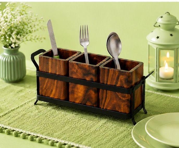 Acacia Wood Spice Container Set with Iron Rack Wooden Cutlery Set-image-14