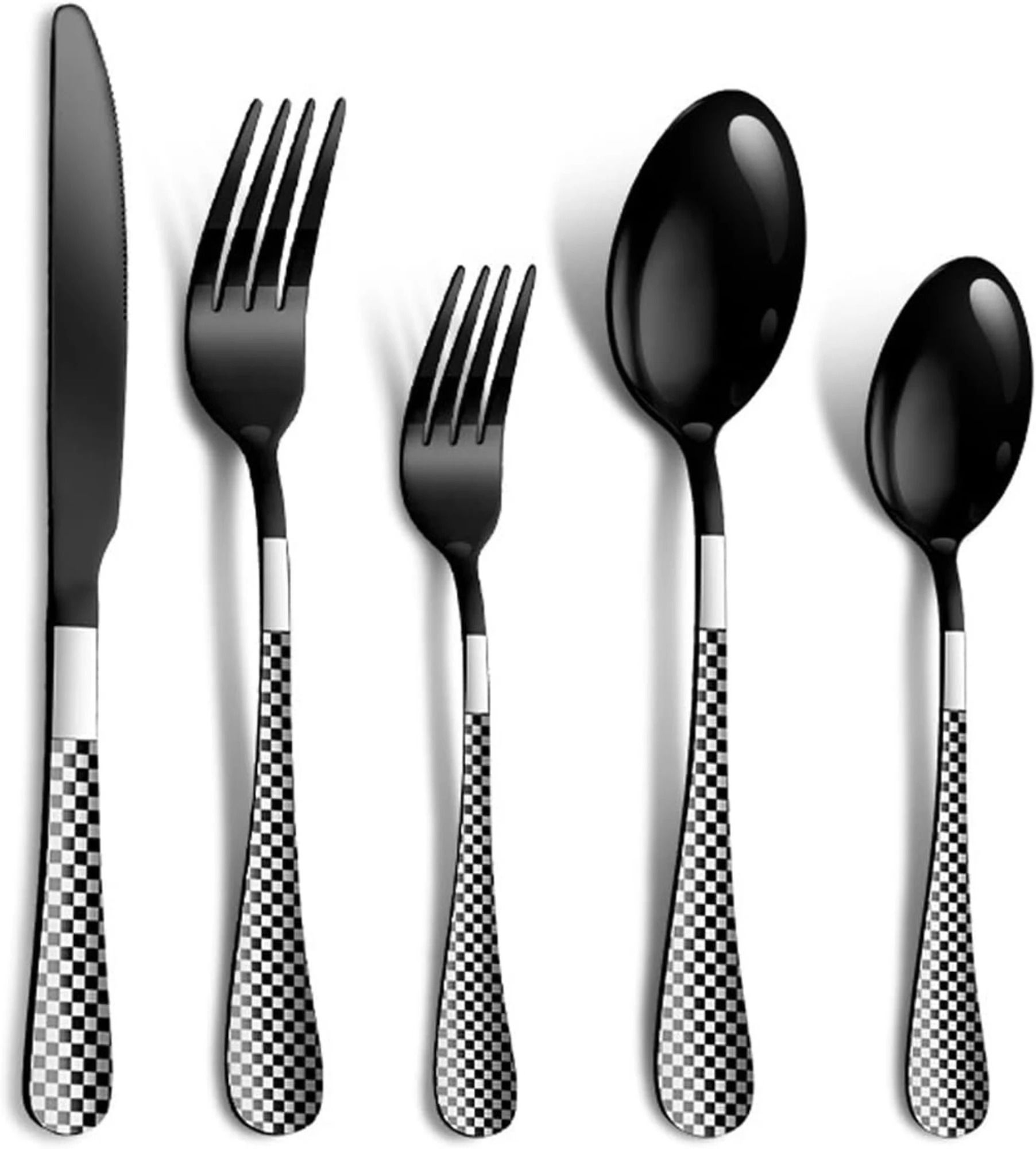 Matte Black Silverware Set | 5-Pcs Flatware With Unique Checks Print Handle Stainless Steel Cutlery Set-image-49
