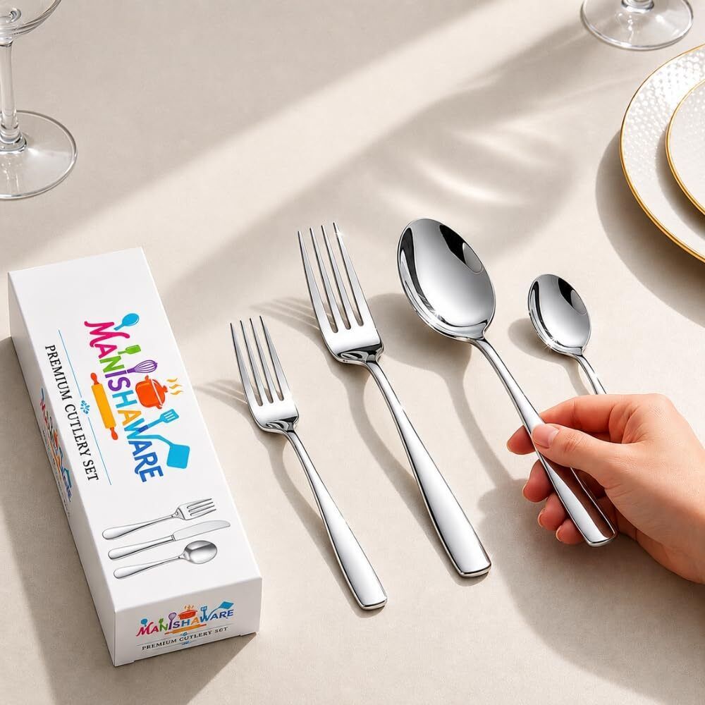 MANISHAWARE Mirror Polish Silver 20 Pcs Cutlery Set Stainless Steel Cutlery Set-image-26