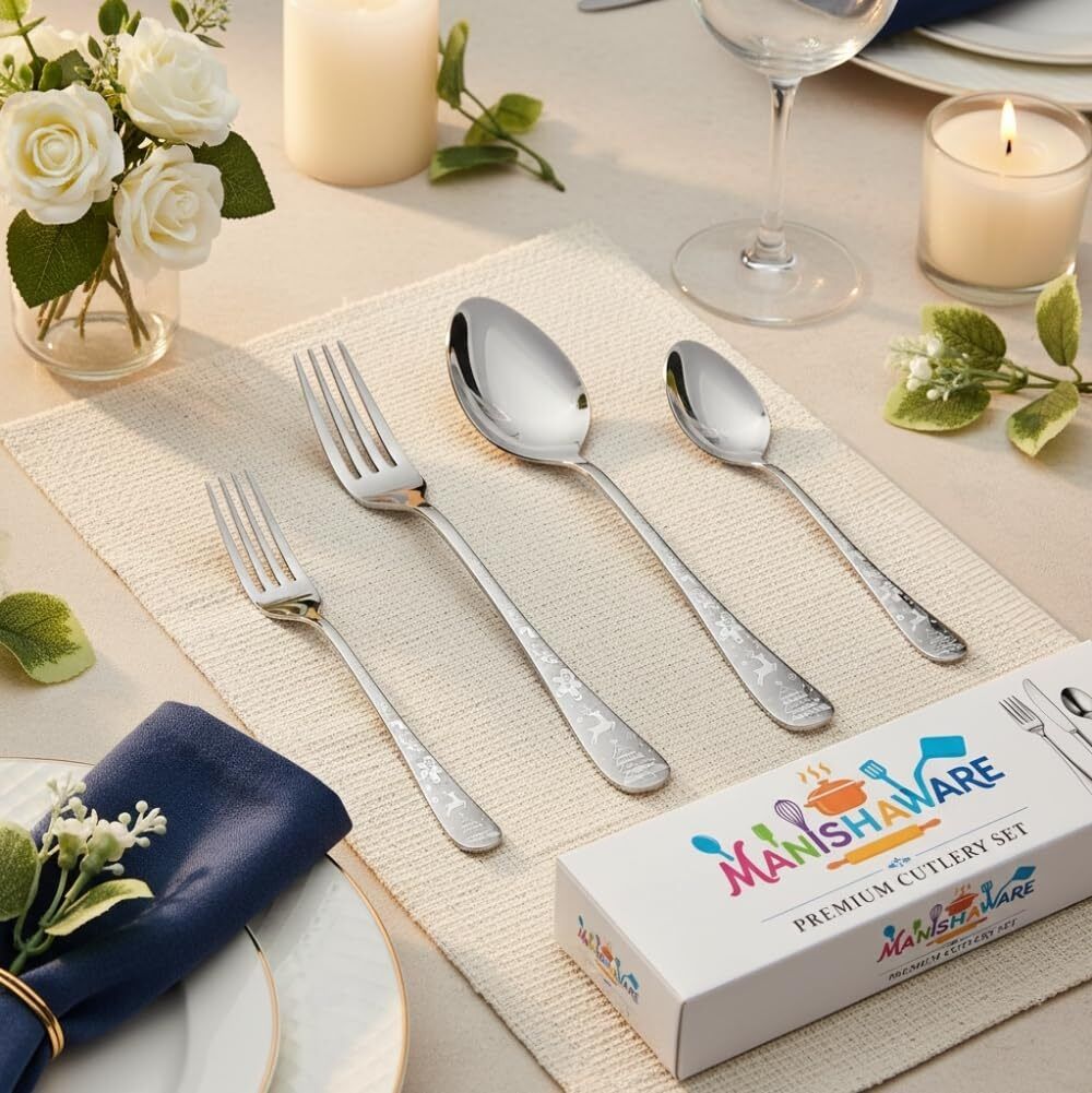 MANISHAWARE Christmas Design Silver 24 Pcs Cutlery Set Stainless Steel Cutlery Set-image-19