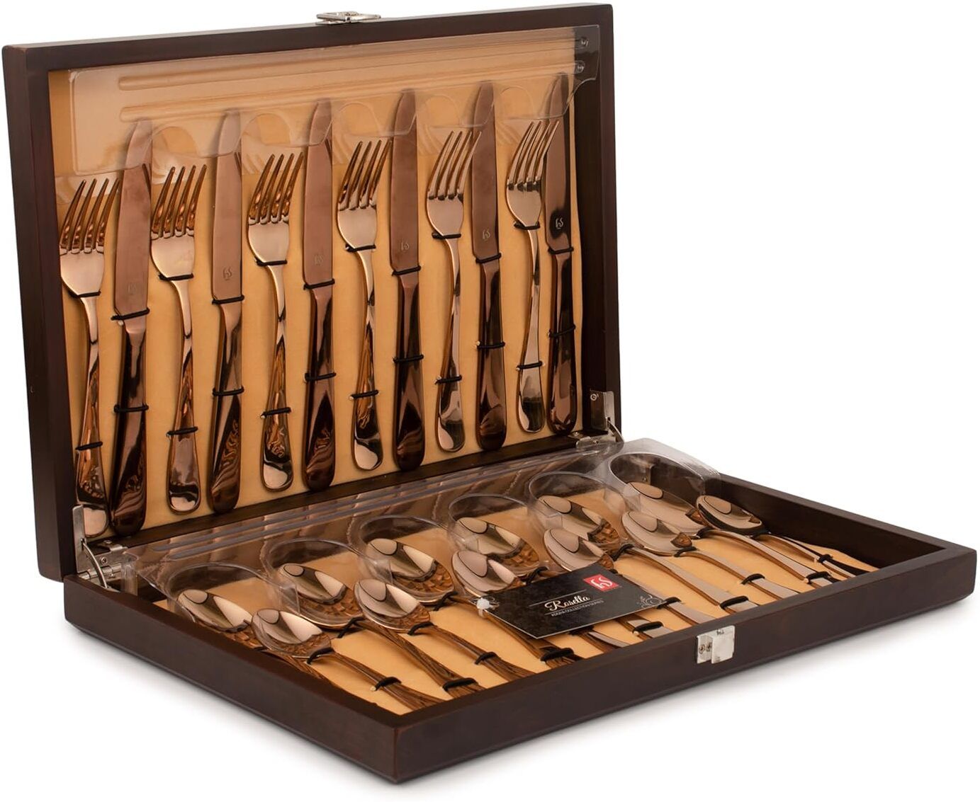 Rose Gold Stainless Steel 24 Pcs Cutlery Set with Wooden Box Stainless Steel Cutlery Set