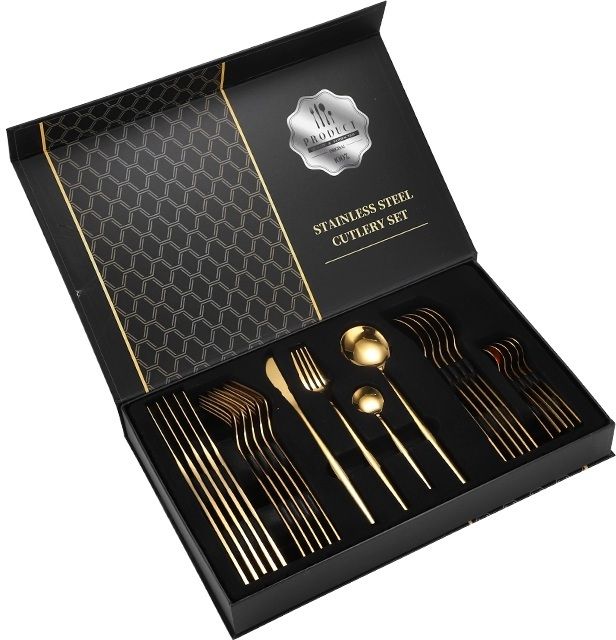 iktu 24 Piece Steel Cutlery Set Mirror Polished Tableware Dishwasher Safe Gold Stainless Steel Cutlery Set-picture-19