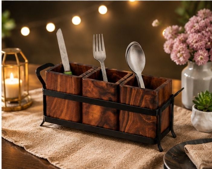 Wooden Storage Tray with Compartments Wooden Cutlery Set-image-0