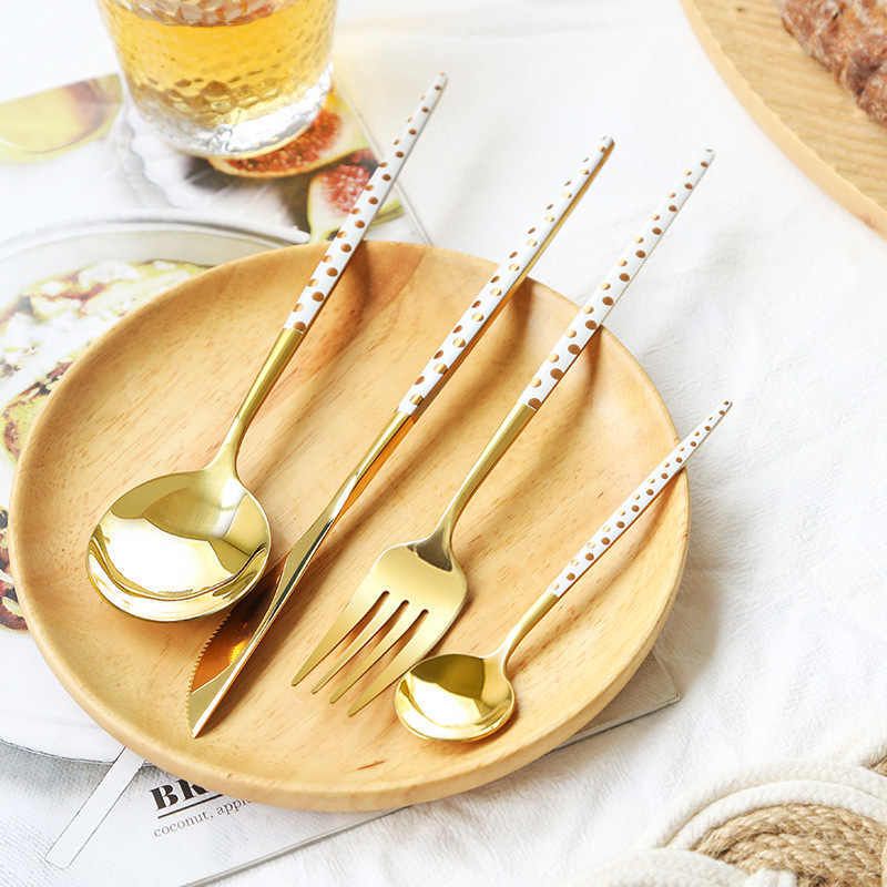 comfystyle Spoon Premium Steel Gold Cutlery Set with Green Polka Dot Handle Steel Cutlery Set-picture-13