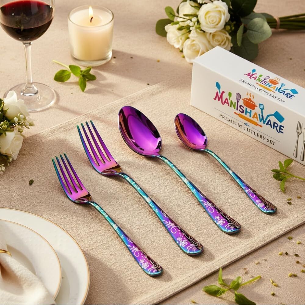 MANISHAWARE Floral Pattern Rainbow 4 Pcs Cutlery Set Stainless Steel Cutlery Set-image-34