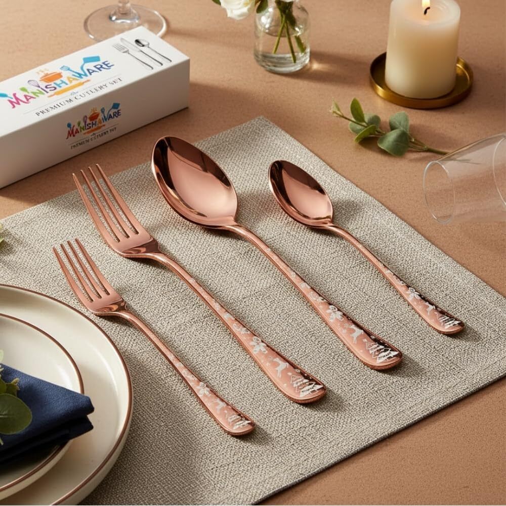 MANISHAWARE Christmas Design Rose Gold 8 Pcs Cutlery Set Stainless Steel Cutlery Set-image-38