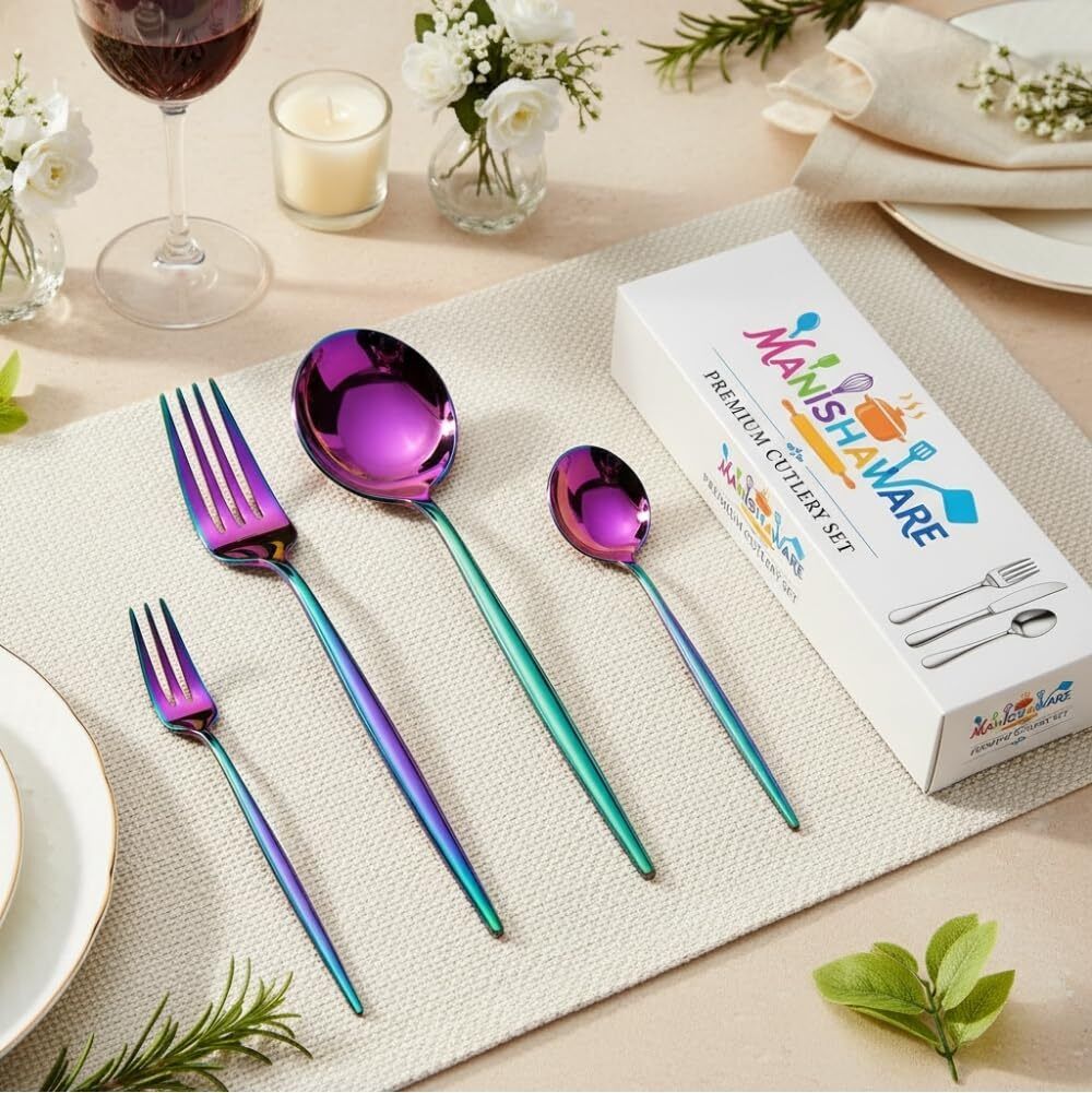 MANISHAWARE Slim Handle Rainbow 24 Pcs Cutlery Set Stainless Steel Cutlery Set-image-31