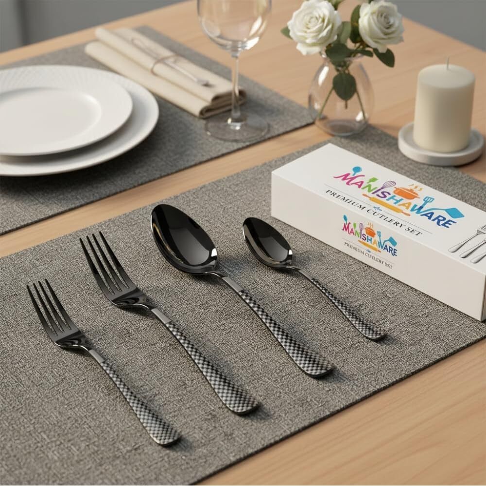 MANISHAWARE Checkered Design Black 4 Pcs Cutlery Set Stainless Steel Cutlery Set-image-18