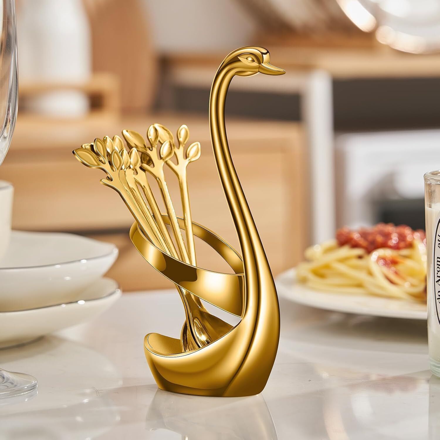 Gold Plated Swan Spoon Stand with 10 Leaf Handle Dessert Tea Spoon Set Gold Plated, Stainless Steel Cutlery Set-image-11