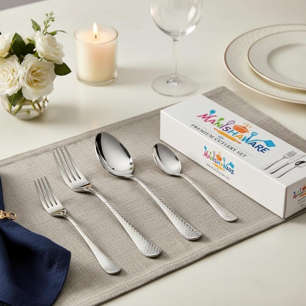 MANISHAWARE Checkered Design Silver 12 Pcs Cutlery Set Stainless Steel Cutlery Set-image-21