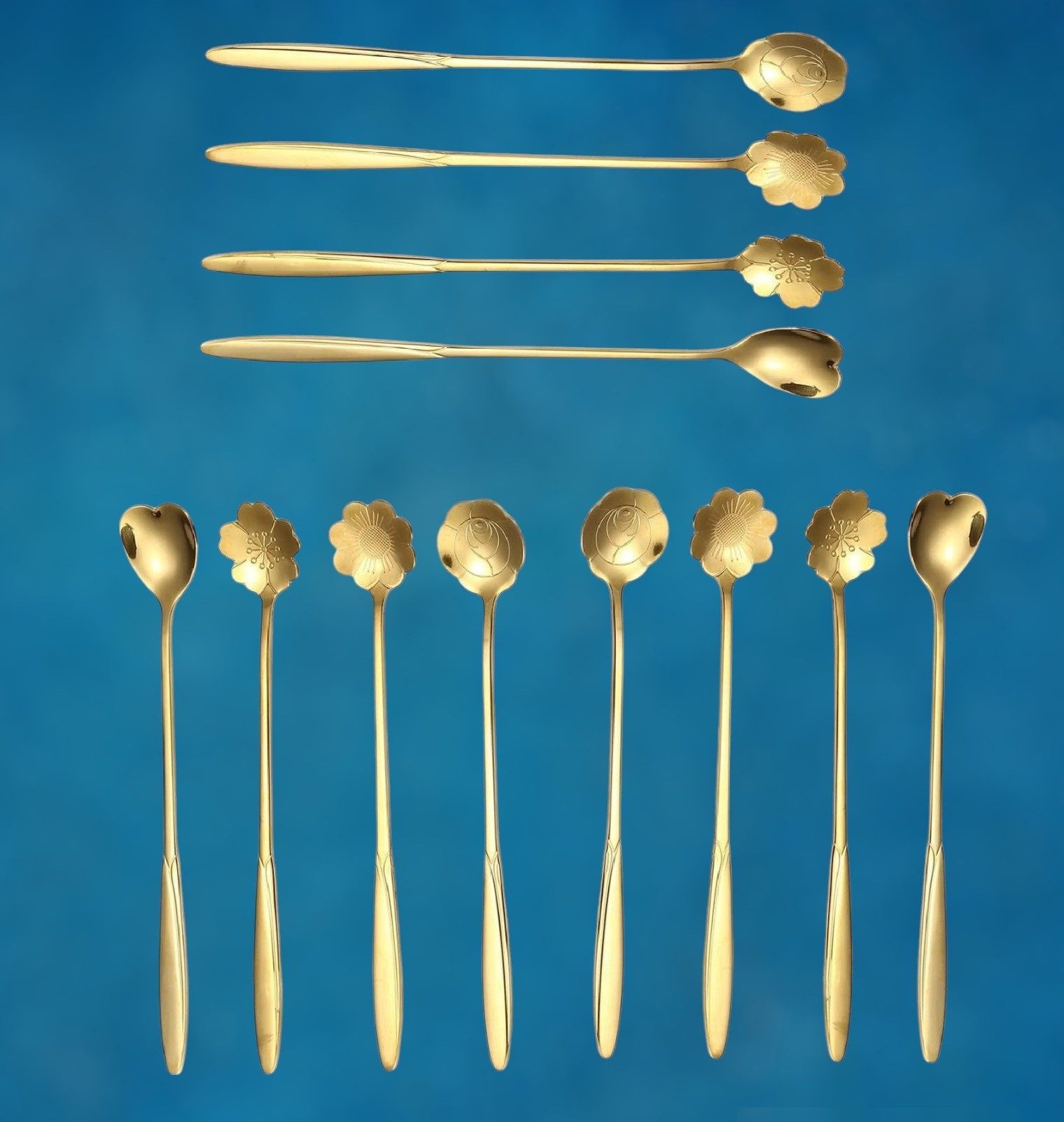 12pcs Stainless Steel Desert Spoon Golden Spoons Flower Teaspoon Set for Kitchen Stainless Steel Cutlery Set-image-13