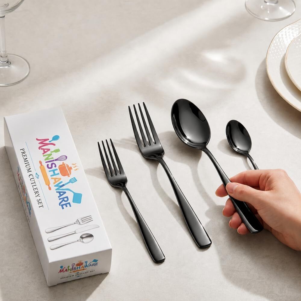 MANISHAWARE Mirror Polish Black 24 Pcs Cutlery Set Stainless Steel Cutlery Set-image-37