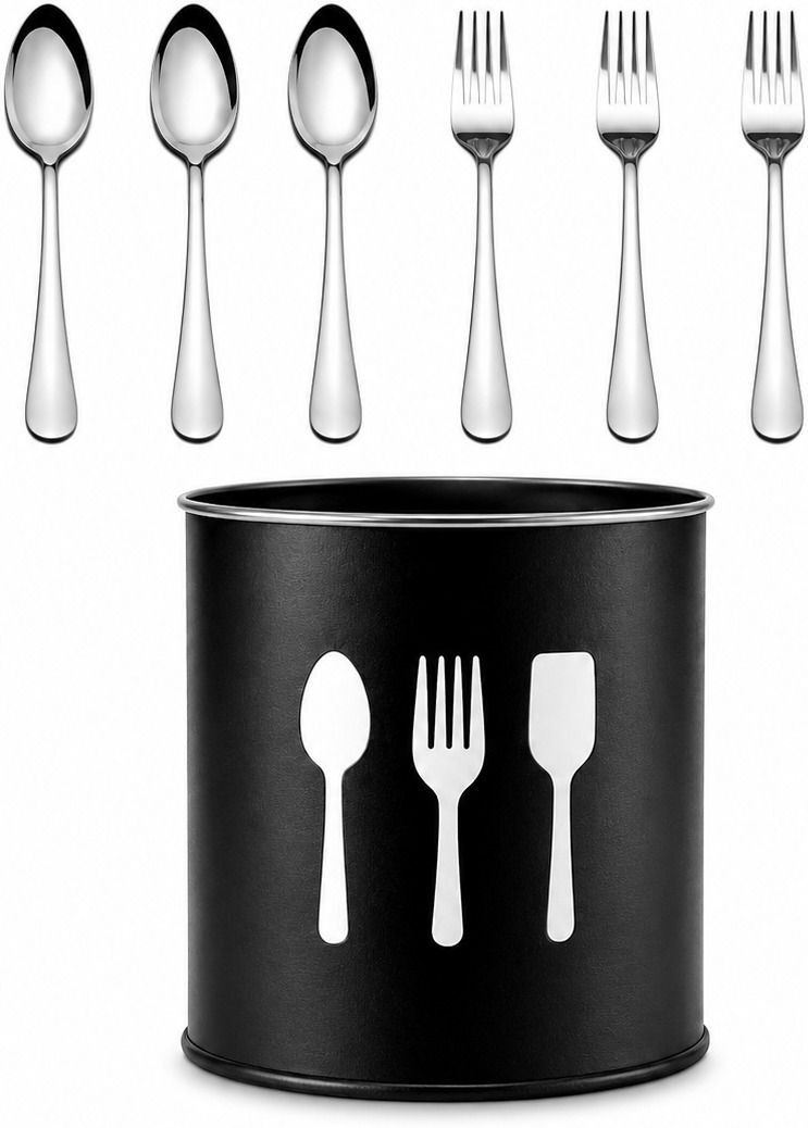 SS 6-Piece Cutlery Set with Holder | 3 Spoons + 3 Forks | Mirror Finish Stainless Steel, Steel Cutlery Set-image-10