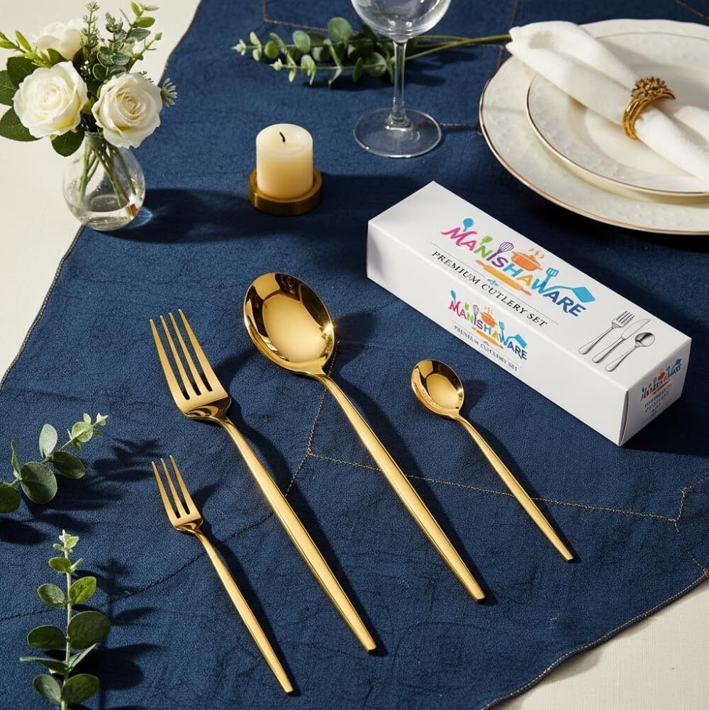 MANISHAWARE Slim Handle Gold 4 Pcs Cutlery Set Stainless Steel Cutlery Set-image-29
