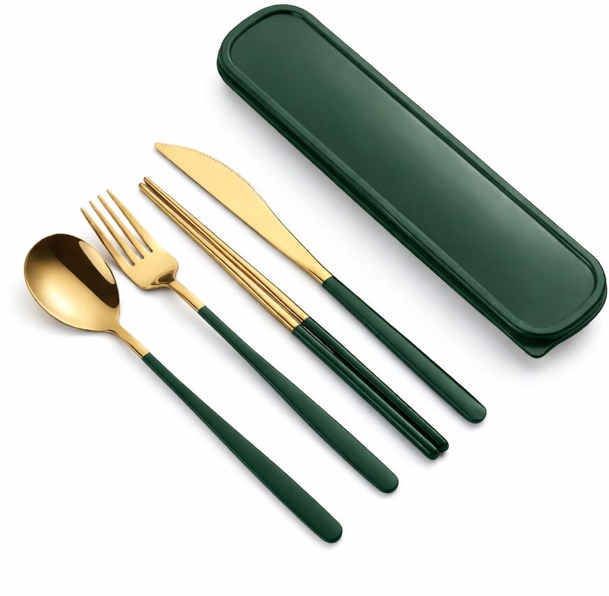 Travel Cutlery Set Gold Finish Spoon Fork Chopsticks with Storage Box Stainless Steel Cutlery Set-image-9