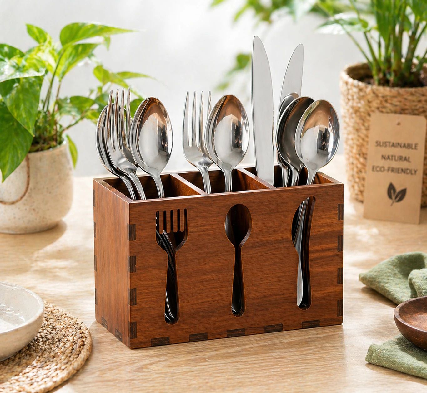Wooden 3 Compartment Cutlery Holder Disposable Wooden Cutlery Set-image-45