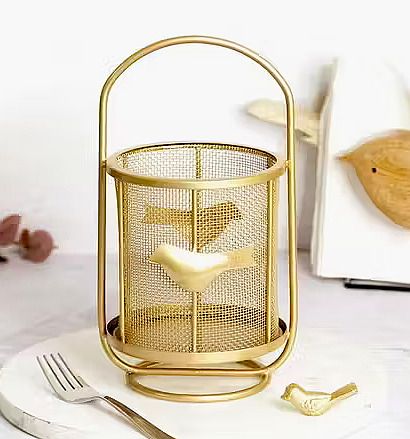 Gold Mesh Bird Cutlery Holder Flatware Caddy for Dining Table Iron Cutlery Set-image-25