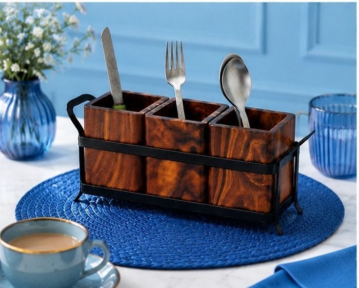 Wooden Storage Rack with 3 Containers Wooden Cutlery Set-image-39