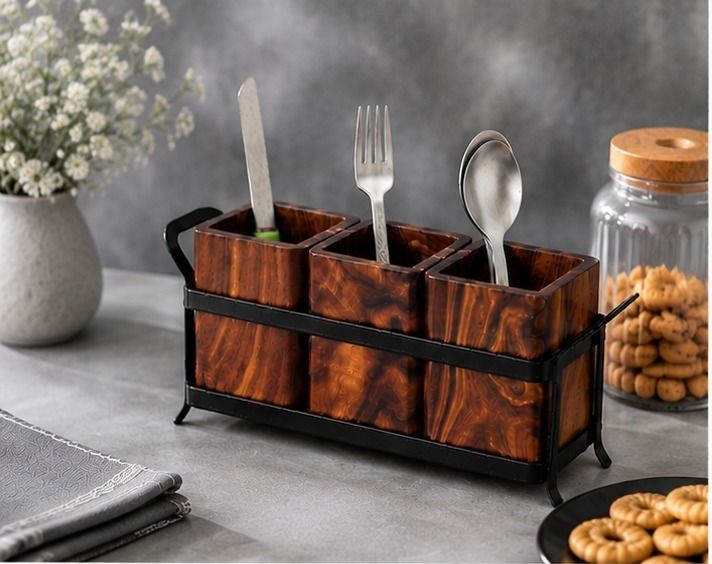 Dining Table Condiment Caddy Organizer Wooden Cutlery Set-image-2