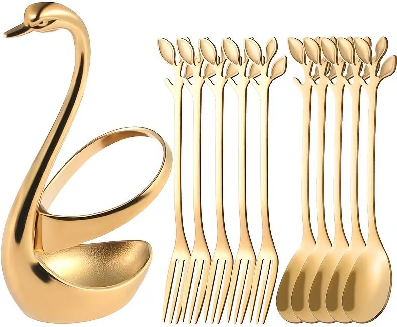 dwiti enterprise Swan 10 Piece Spoon Stand Set, Swan Base Holder with 10 pcs Spoon Set Gold Plated, Stainless Steel Cutlery Set-picture-3