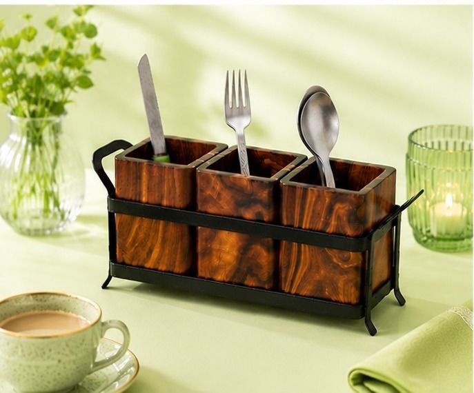Wooden 3 Section Condiment Holder with Metal Stand Wooden Cutlery Set-image-0