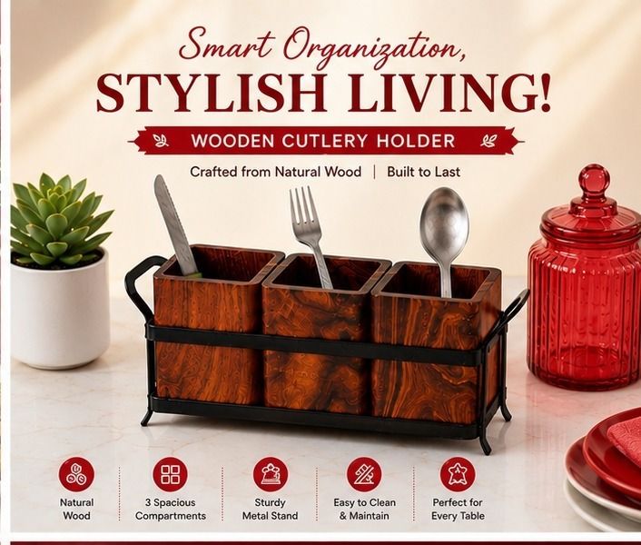 Wooden Sauce Holder with Metal Basket Wooden Cutlery Set-image-3
