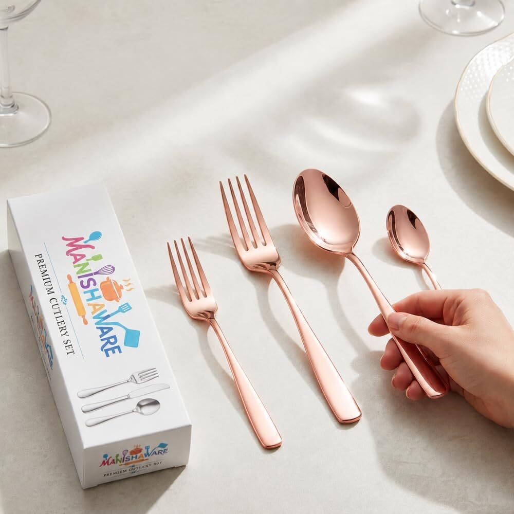 MANISHAWARE Mirror Polish Rose Gold 16 Pcs Cutlery Set Stainless Steel Cutlery Set-image-43