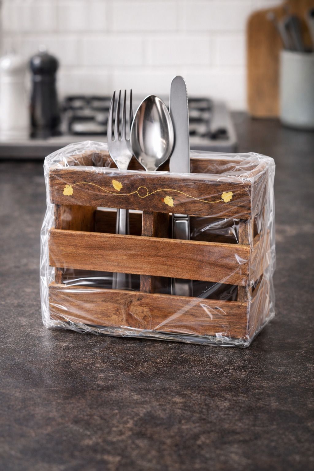 Wooden Kitchen Organizer Cutlery Stand — Empty Cutlery Holder Case, Brown Wooden Cutlery Set-image-49