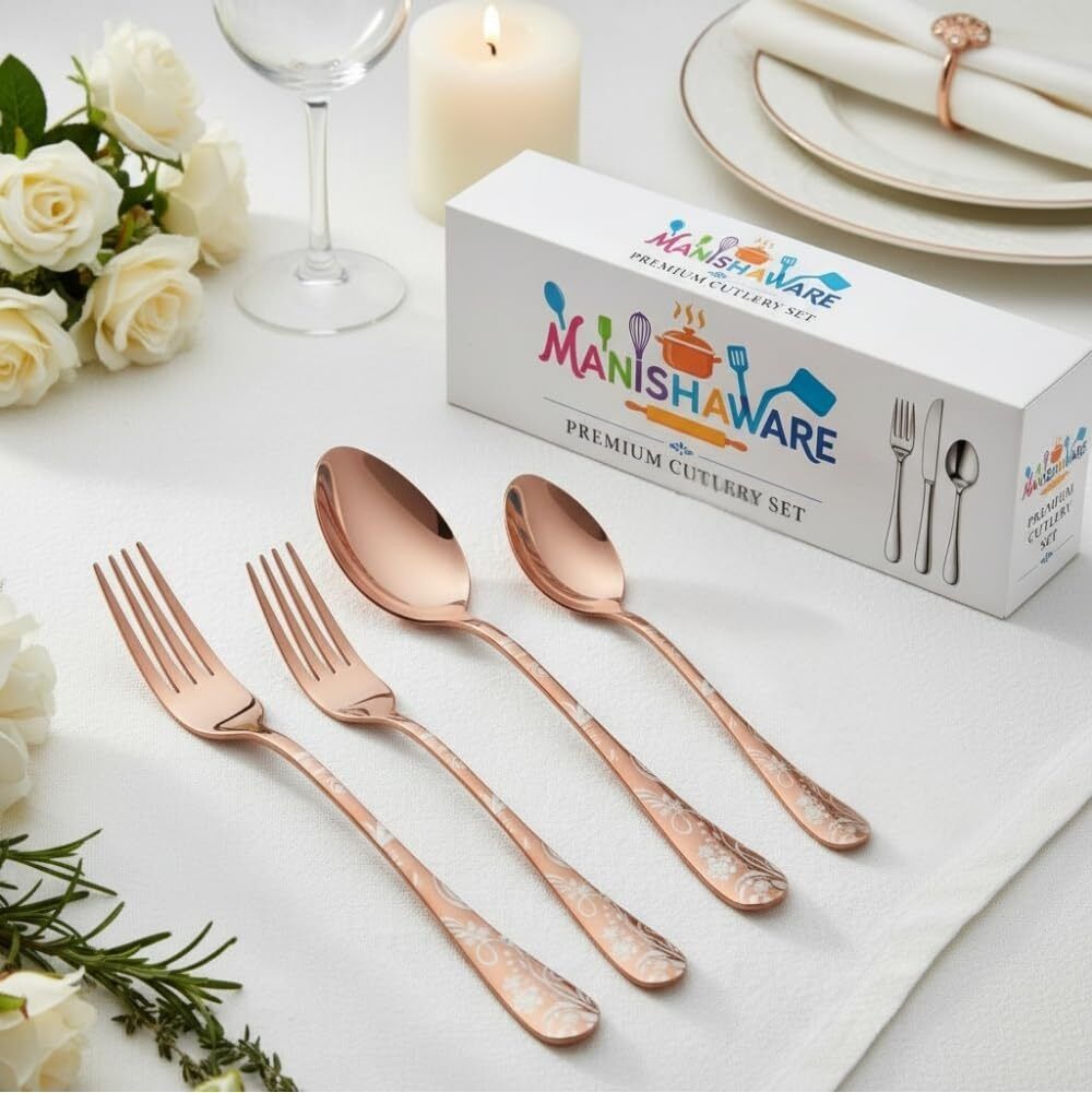 MANISHAWARE Floral Pattern Rose Gold 16 Pcs Cutlery Set Stainless Steel Cutlery Set-image-44