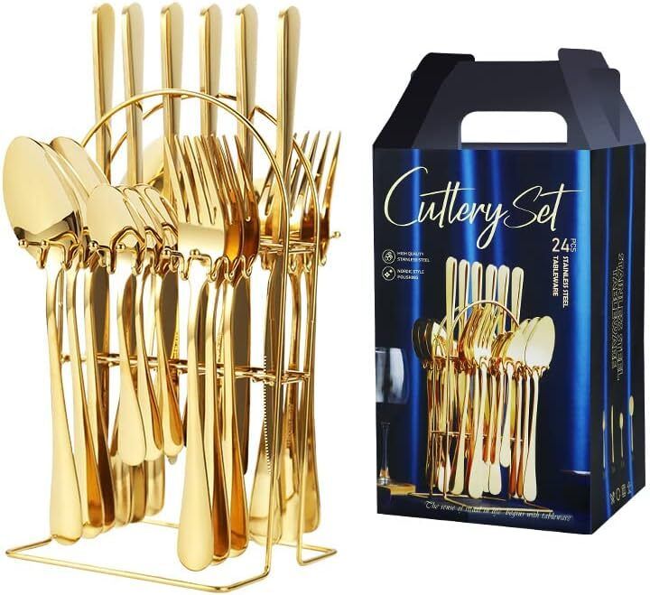 parth creation 24 Pcs Gold Finish Stainless Steel Cutlery Set with Stand for Dining Table Stainless Steel Cutlery Set-picture-8