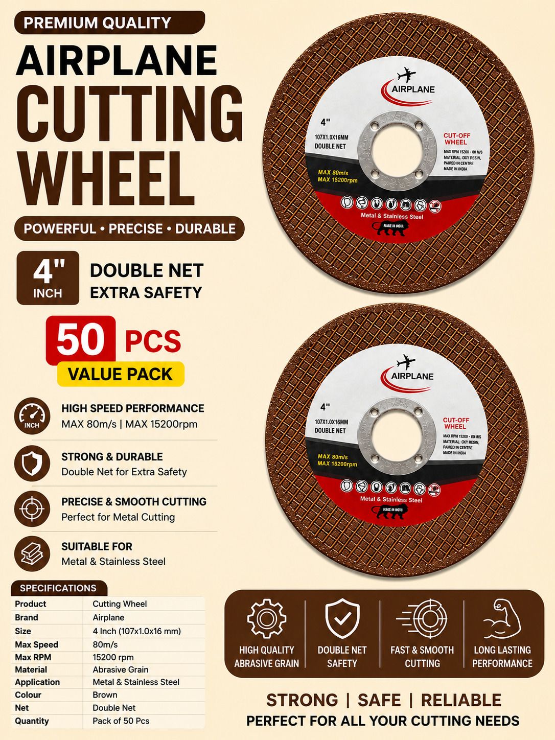 Br-cv -50 Brown Cutting Wheel 50 pcs Airplane 4 Inch Brown Cut-Off Wheel Double Net 50 Pcs Metal Cutter-image-35