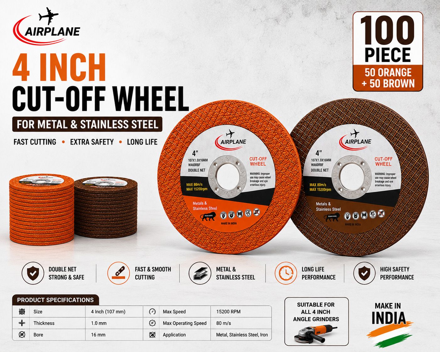 Airplane 4 Inch Cut-Off Wheel Combo Pack (Orange & Brown) Metal Cutter-image-44