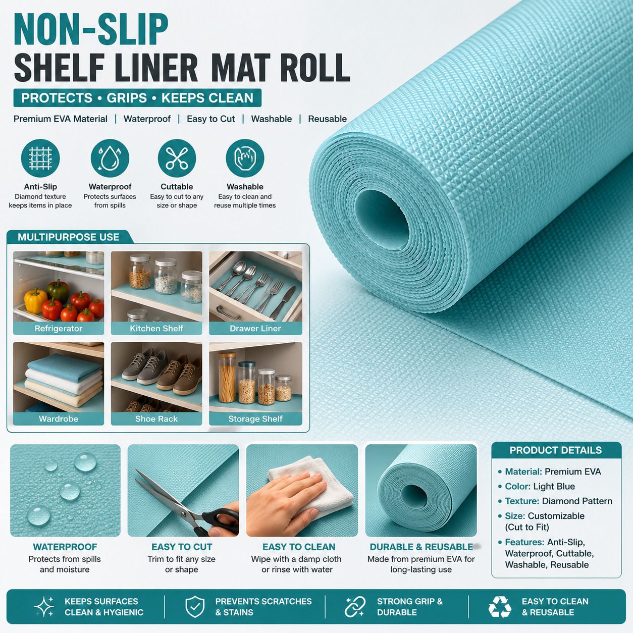 thevami Food Grade Washable Anti Slip Mat(SKY BLUE) Cutting Mat-picture-25