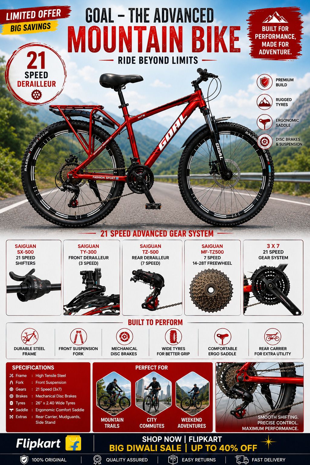21 SPEED || IMPORTED FRAME|| IN BUILT CARRIER|| FRONT SUSPENSION|| DOUBLE DISC 26 T (inch) Mountain Cycle-image-41
