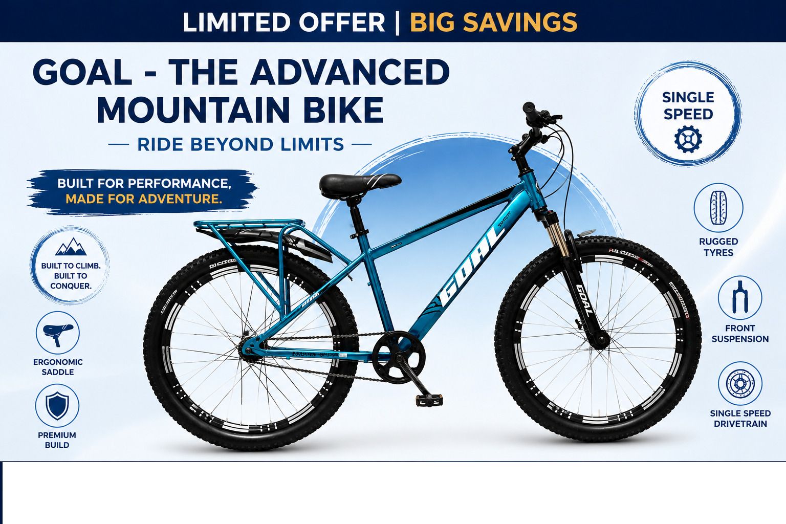 IMPORTED FRAME|| ALLOY RIM|| DOUBLE DISC|| FRONT SUSPENSION|| SINGLE SPEED 26 T (inch) Mountain Cycle-image-46