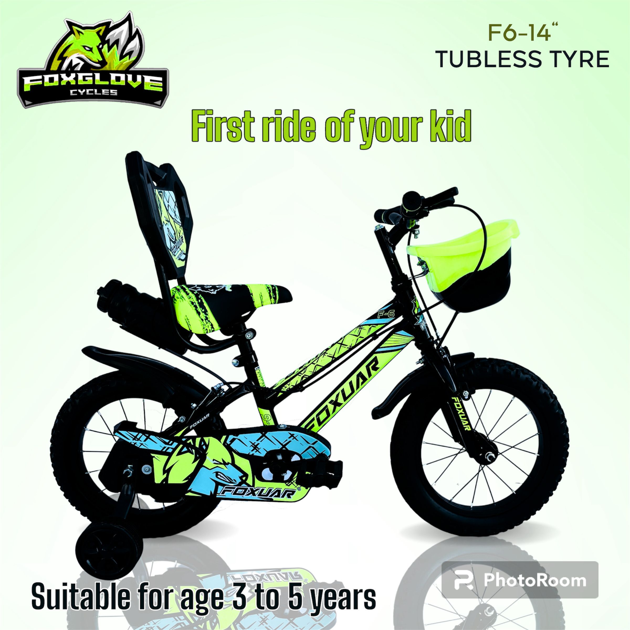 FOXUAR 14 INCH JELLY GREEN TUBELESS TYRE FOR AGE 2 TO 5 YRS 90 % FITTED 14 T (inch) Road Cycle-image-3