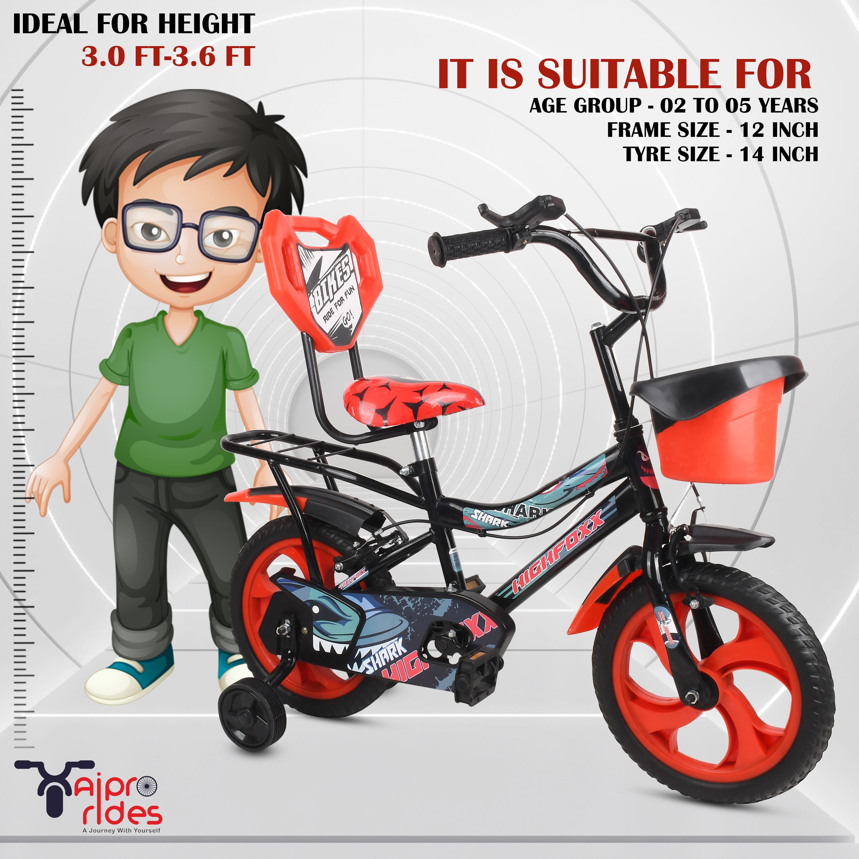 xaipro 14T BASKRT SHARK RED KIDS CYCLE 2-5 YEAR KIDS BOYS AND GIRLS 14 T (inch) Road Cycle-picture-32