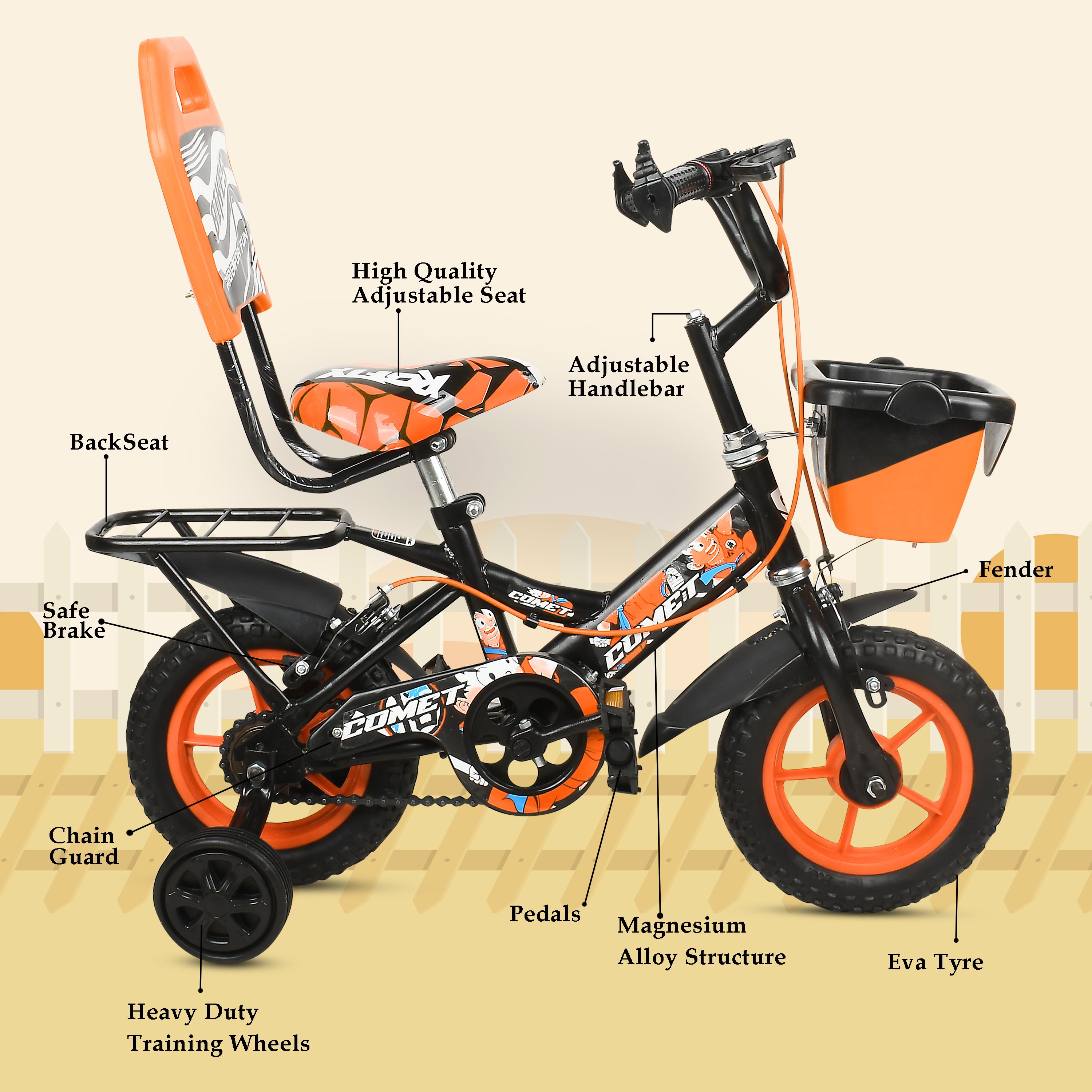 10T PREMIUM QUALITY COMET CYCLE ( ORANGE ) FOR 2 TO 3 YEARS KIDS 96% ASSEMBLE 10 T (inch) BMX Cycle