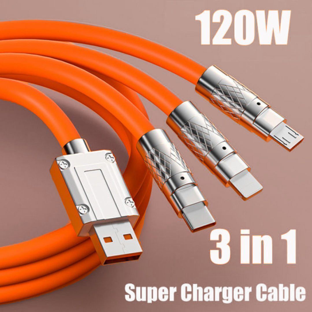 Omntora 3-in-1 Cable 6 A 1 m METAL BRAIDED 3in1 Charging Cable With Type C, Lightning & Compatible with All Mobile C146-picture-46