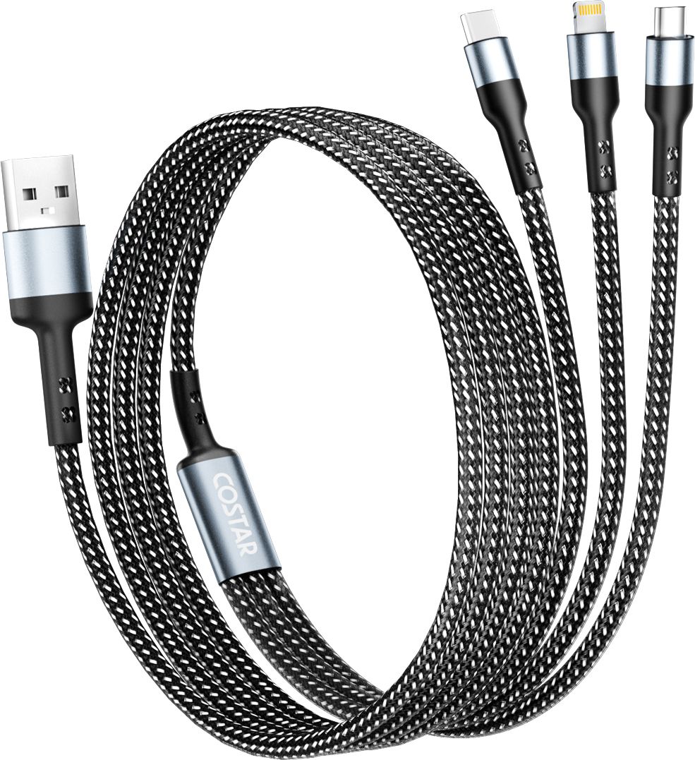 Costar 3-in-1 Cable 3 A 1.5 m Nylon Braided 60W Multi Fast Charging Cable with Lightning, Type-C, Micro USB