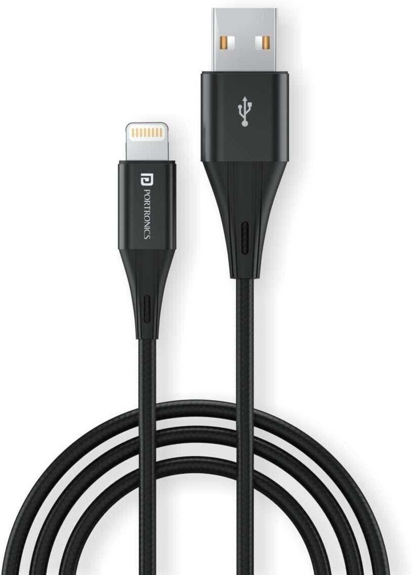 Portronics Lightning Cable 2 A 1 m Konnect B+ 8 Pin Usb Cable 3.0Amp Output with Charge & Data Sync with 1m (Black)