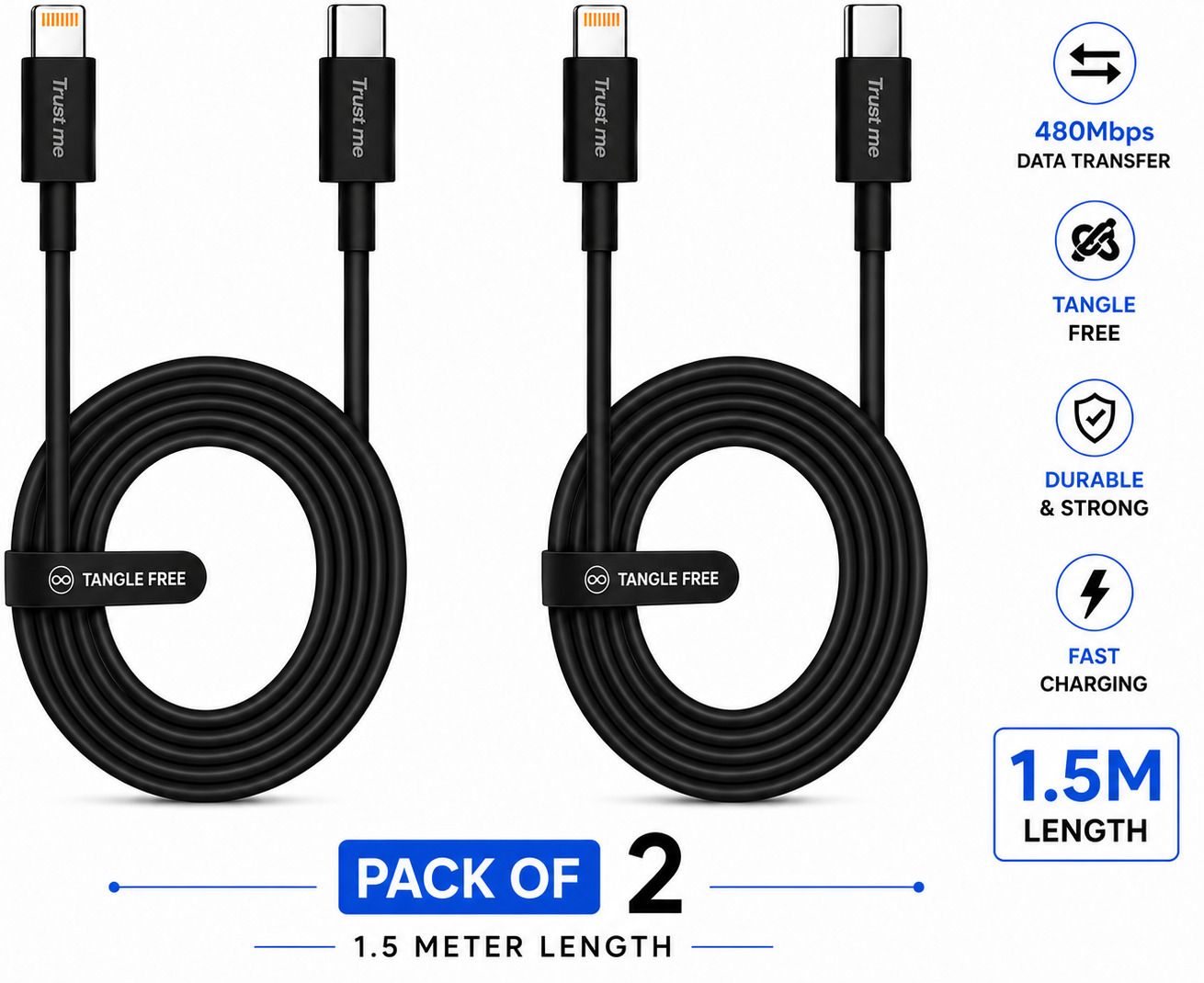 Trust me Lightning Cable 5 A 1 m For iphone, 27W Type C to Lightning cable, fast charging data sync data cable, Pack off 2,-image-42