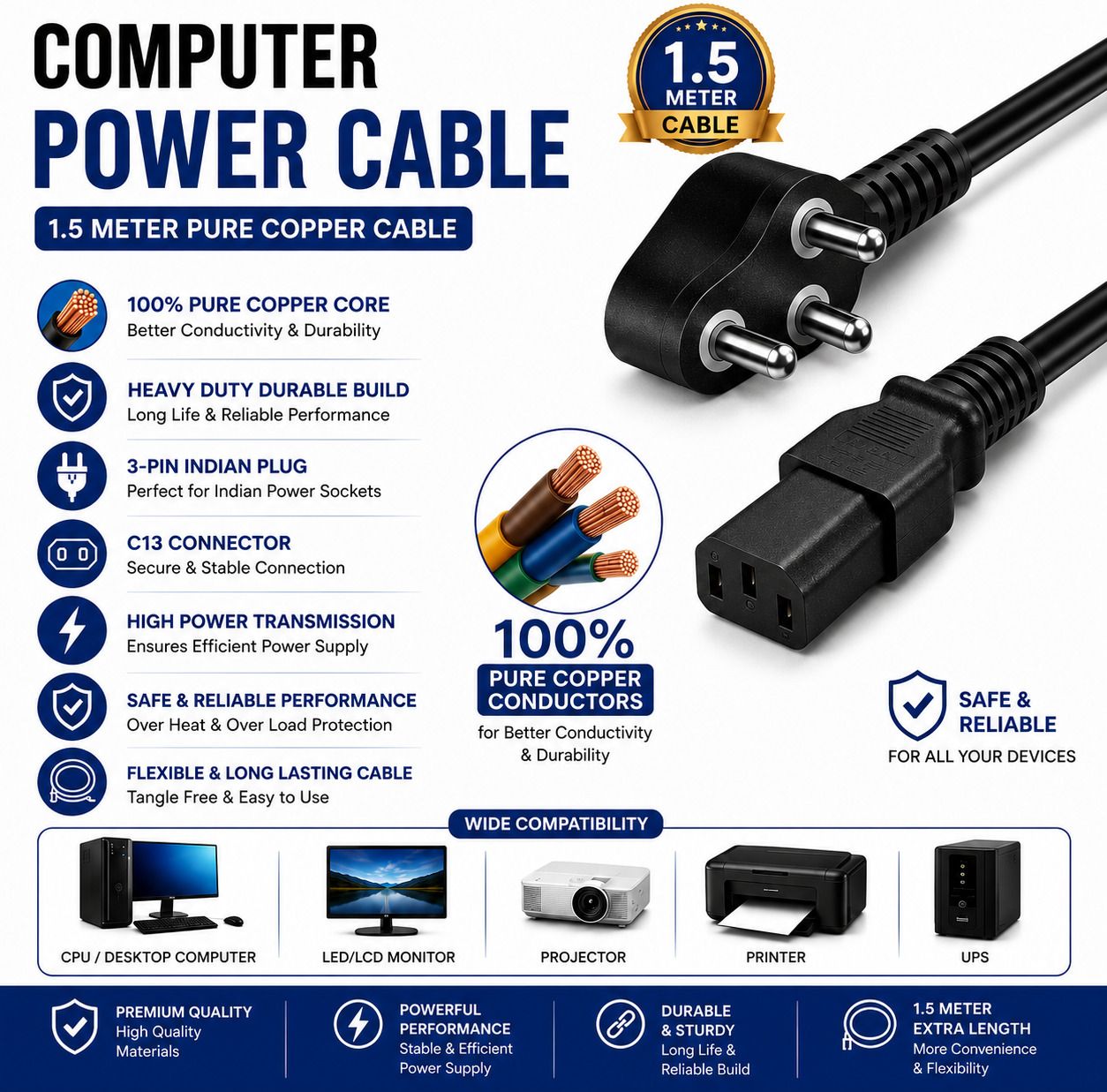PICKDOM Power Cord 1.5 m 1.5 Meter Black Computer Power Cable | 3-Pin Indian Plug to C13 Connector | 100% Pure Copper Heavy Duty Power Cord for CPU, Monitor, Printer, Projector & UPS-image-18