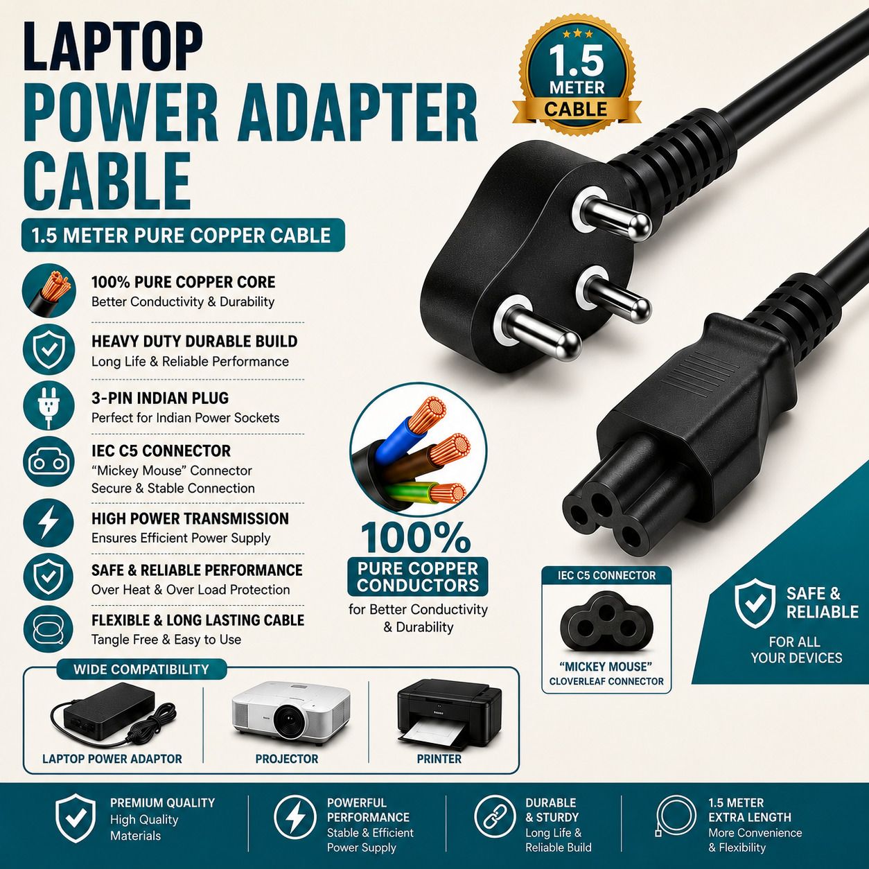 PICKDOM Power Cord 1.5 m Laptop Power Adaptor Cable 1.5 Meter | IEC C5 Mickey Mouse Power Cord | 3 Pin Indian Plug | 100% Pure Copper Wire | Compatible with Dell HP Acer Asus Laptop Adaptors, Printers & Projectors-image-5