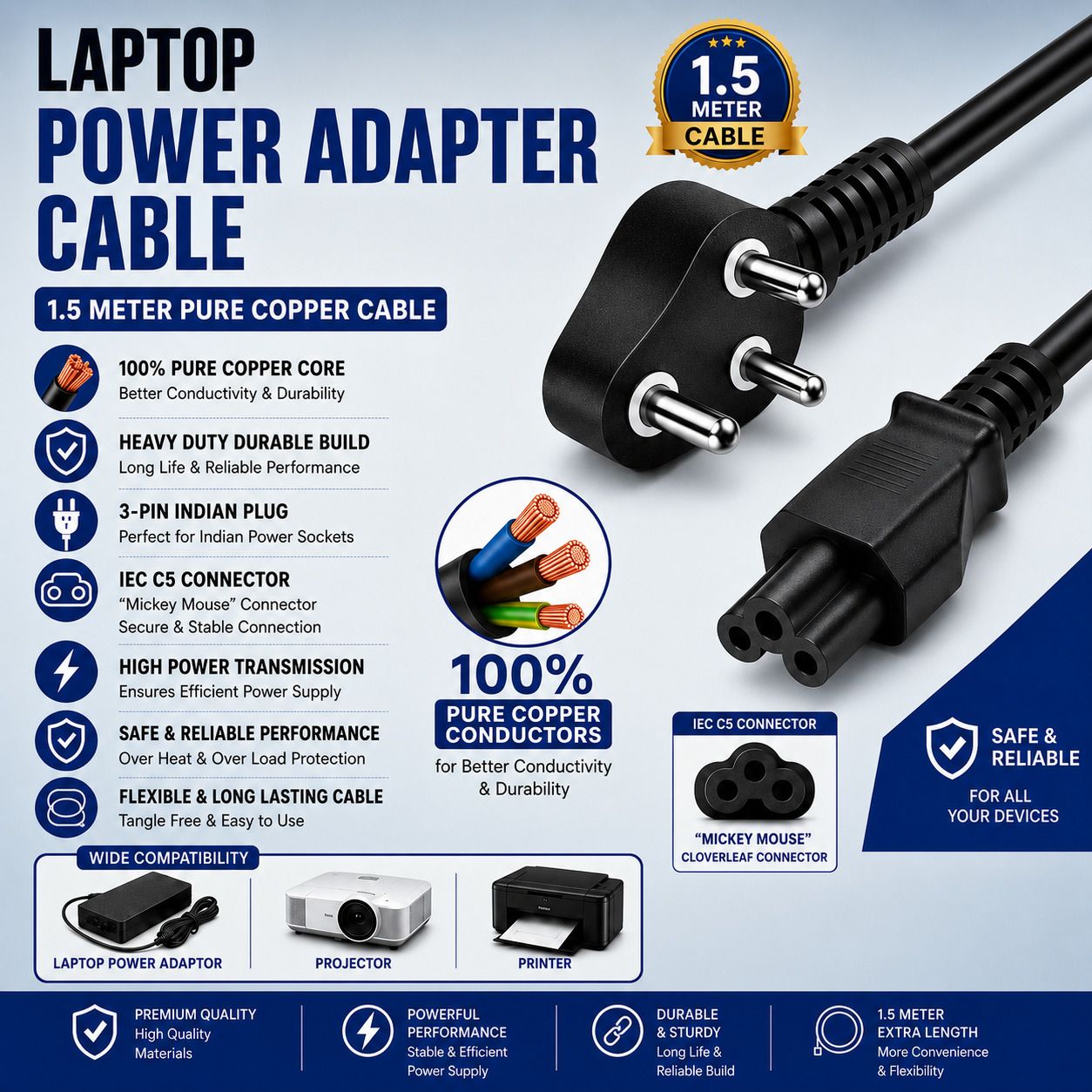 PICKDOM Power Cord 1.5 m Laptop Power Adapter Cable 1.5 Meter | IEC C5 Mickey Mouse Power Cord | 3 Pin Indian Plug | 100% Pure Copper Wire | Compatible with Dell HP Acer Asus Laptop Adapters, Printers & Projectors-image-8