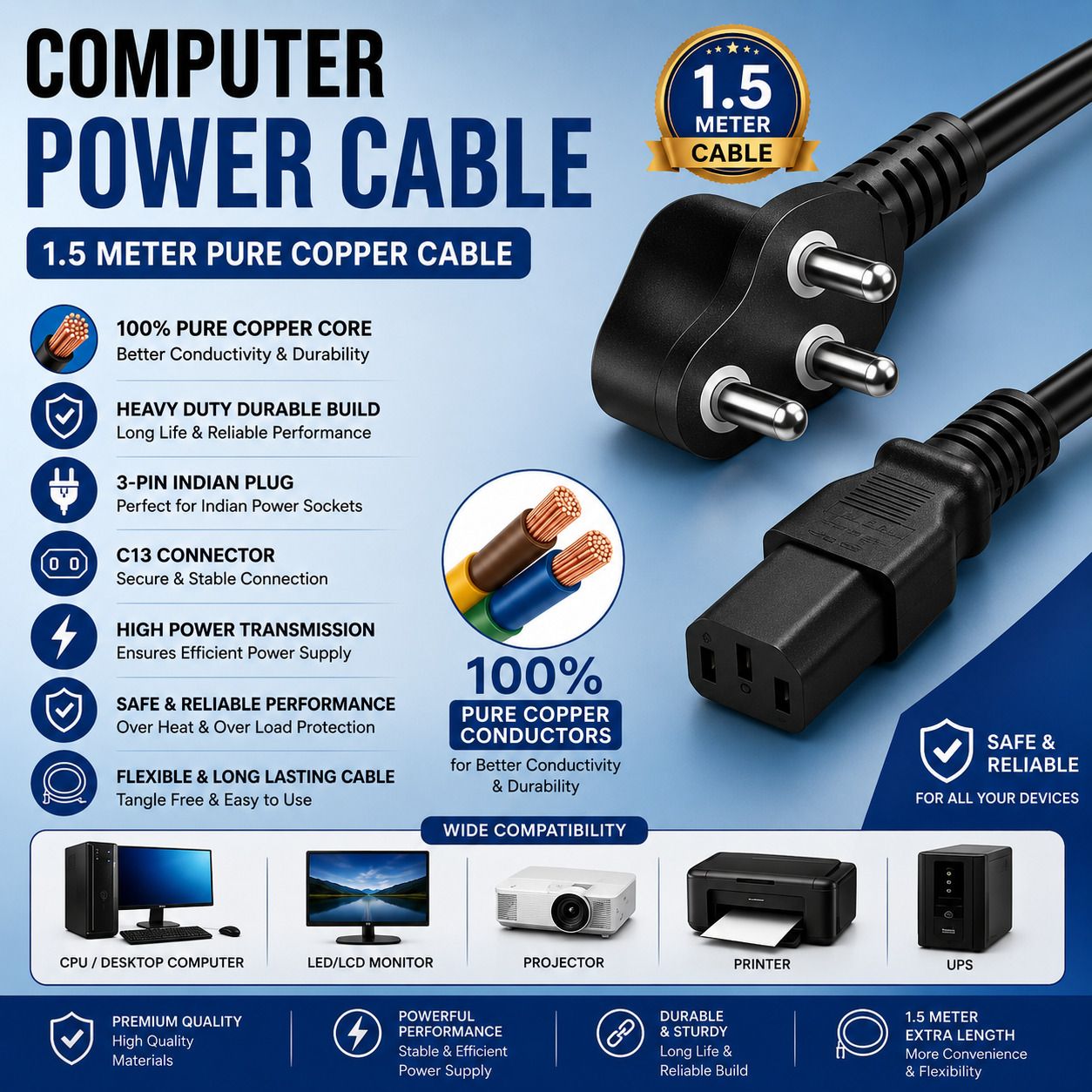 PICKDOM Power Cord 1.5 m 1.5 Meters Black Computer Power Cable | 3-Pin Indian Plug to C13 Connector | 100% Pure Copper Heavy Duty Power Cord for CPU, Monitor, Printer, Projector & UPS-image-16