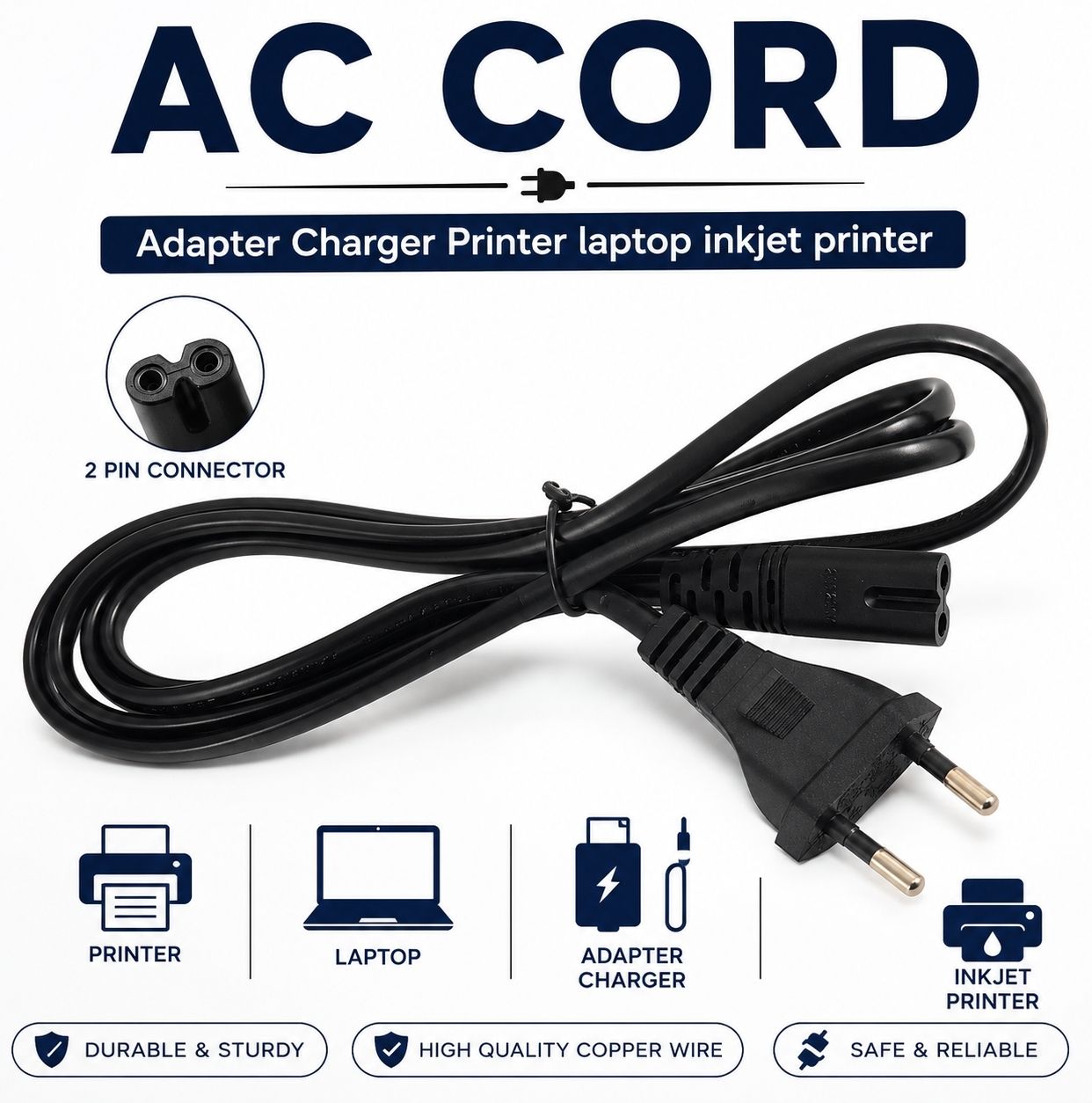 TARECON Printer Cable 6 A 1 m copper braiding 2 Pin AC Power Supply Cord / Figure-8 (IEC C7) CABLE FOR Canon-pixma/HP Inkjet Printer, Adapter Charger Laptop,Camera,Printer-image-5